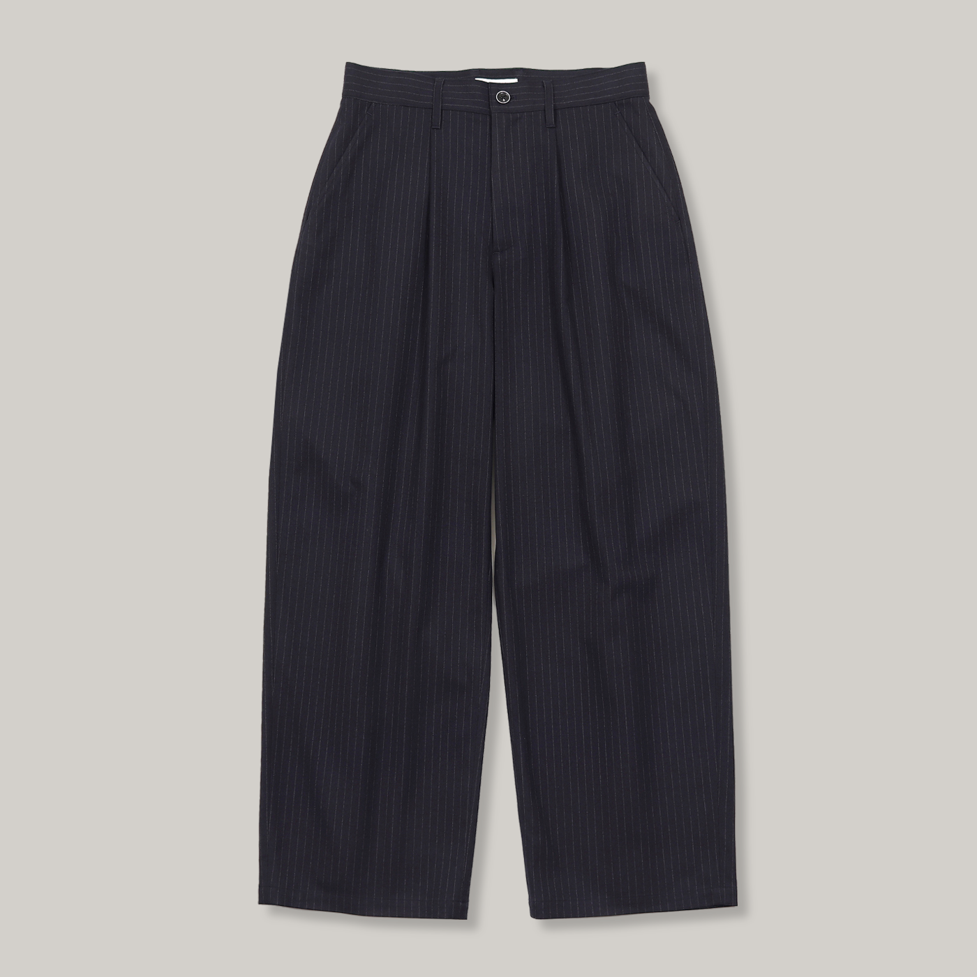 YASHIKI SAYATOMO 1-TUCK WIDE TROUSERS - NAVY PINSTRIPE