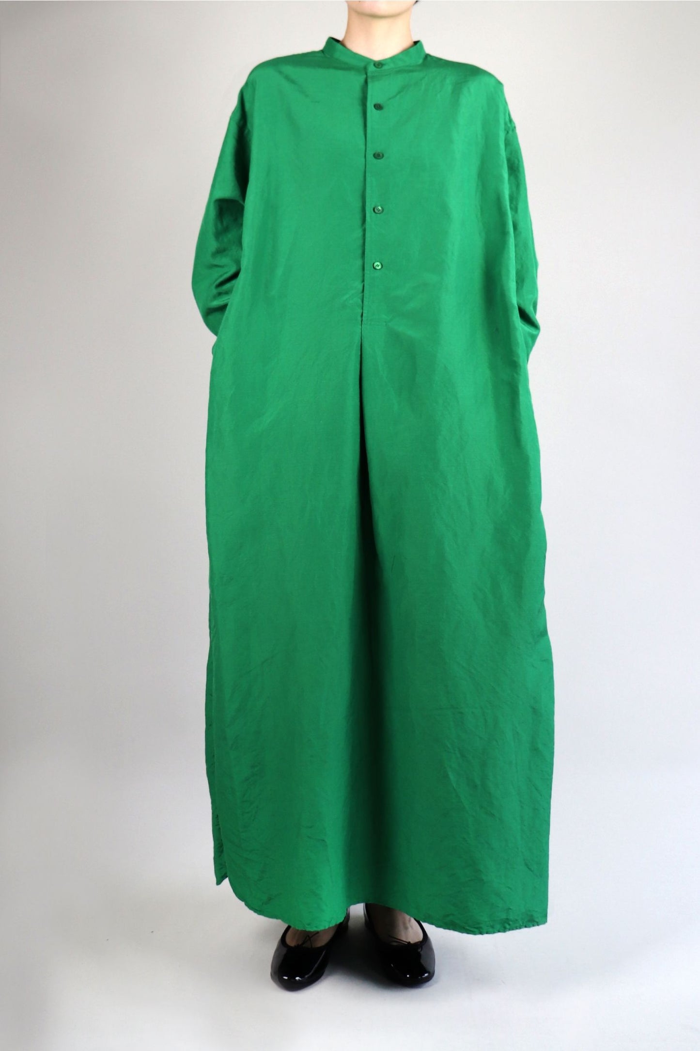 LENO BAND COLLAR PULLOVER DRESS - GREEN