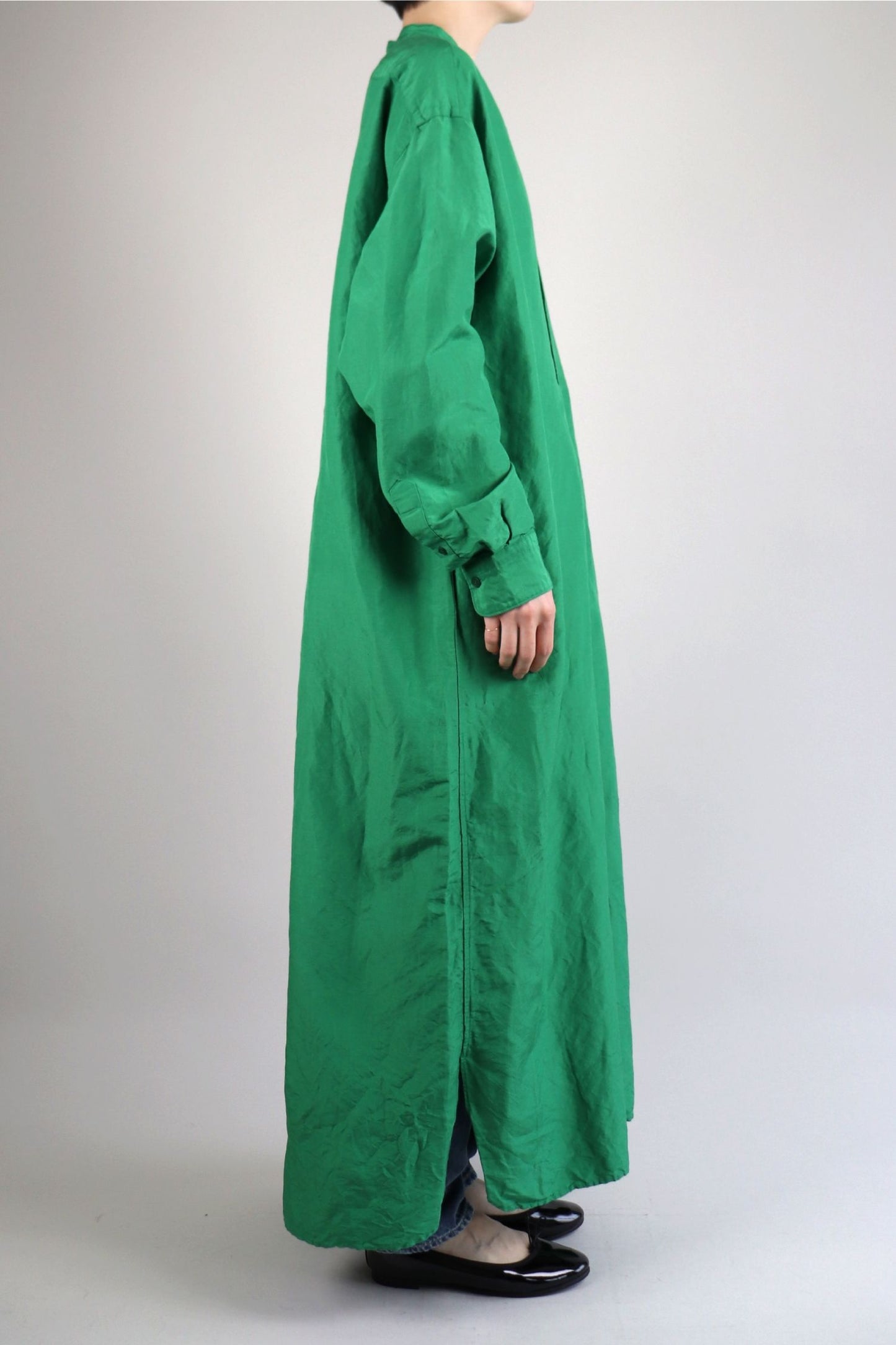 LENO BAND COLLAR PULLOVER DRESS - GREEN