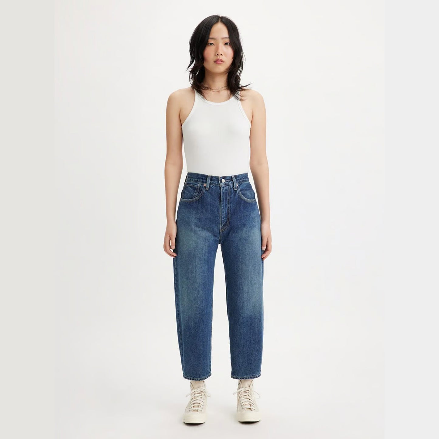 LEVI'S 'MADE IN JAPAN' BARREL JEANS - SENGAI MEDIUM WORN IN