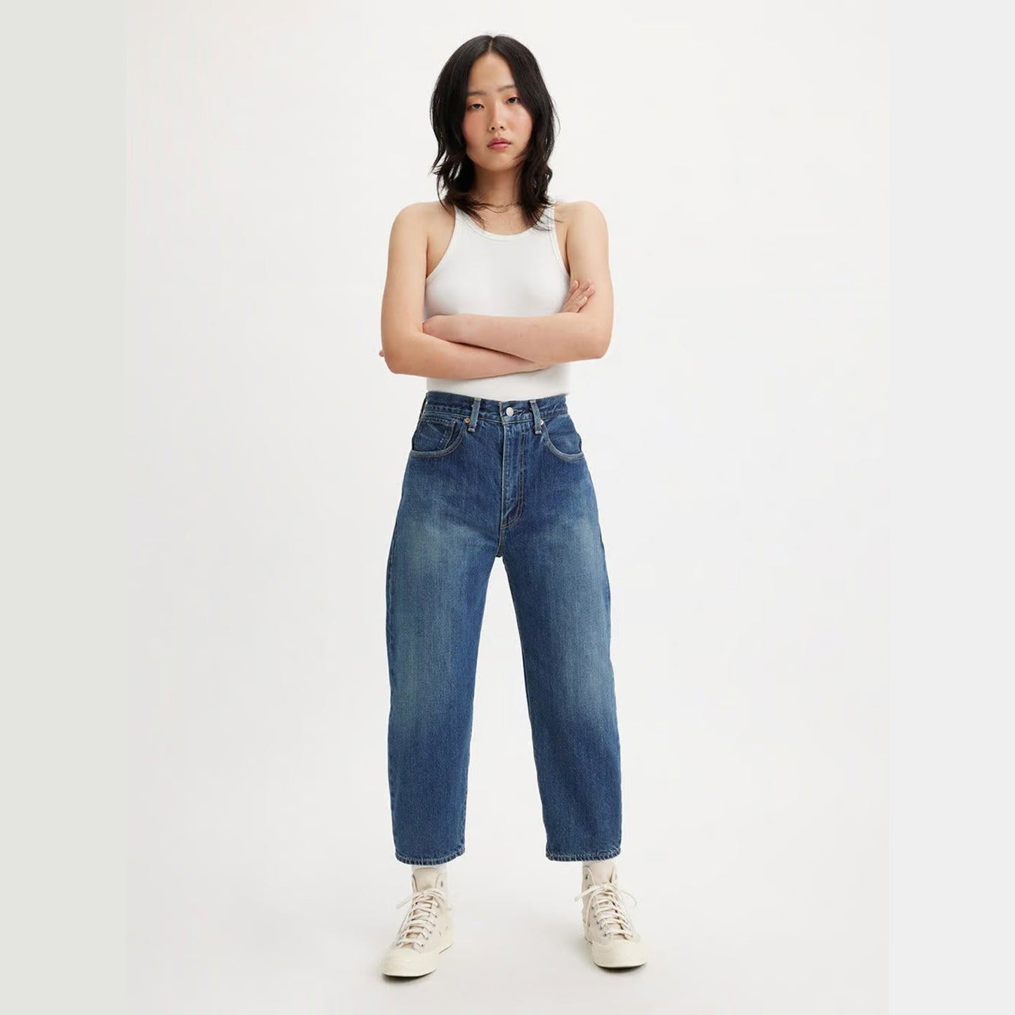 LEVI'S 'MADE IN JAPAN' BARREL JEANS - SENGAI MEDIUM WORN IN