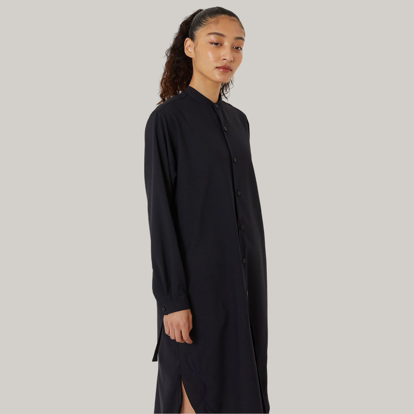 BLUE BLUE JAPAN WOMENS MEBUKI EMBROIDERY STAND UP COLLAR DRESS - DARK NAVY