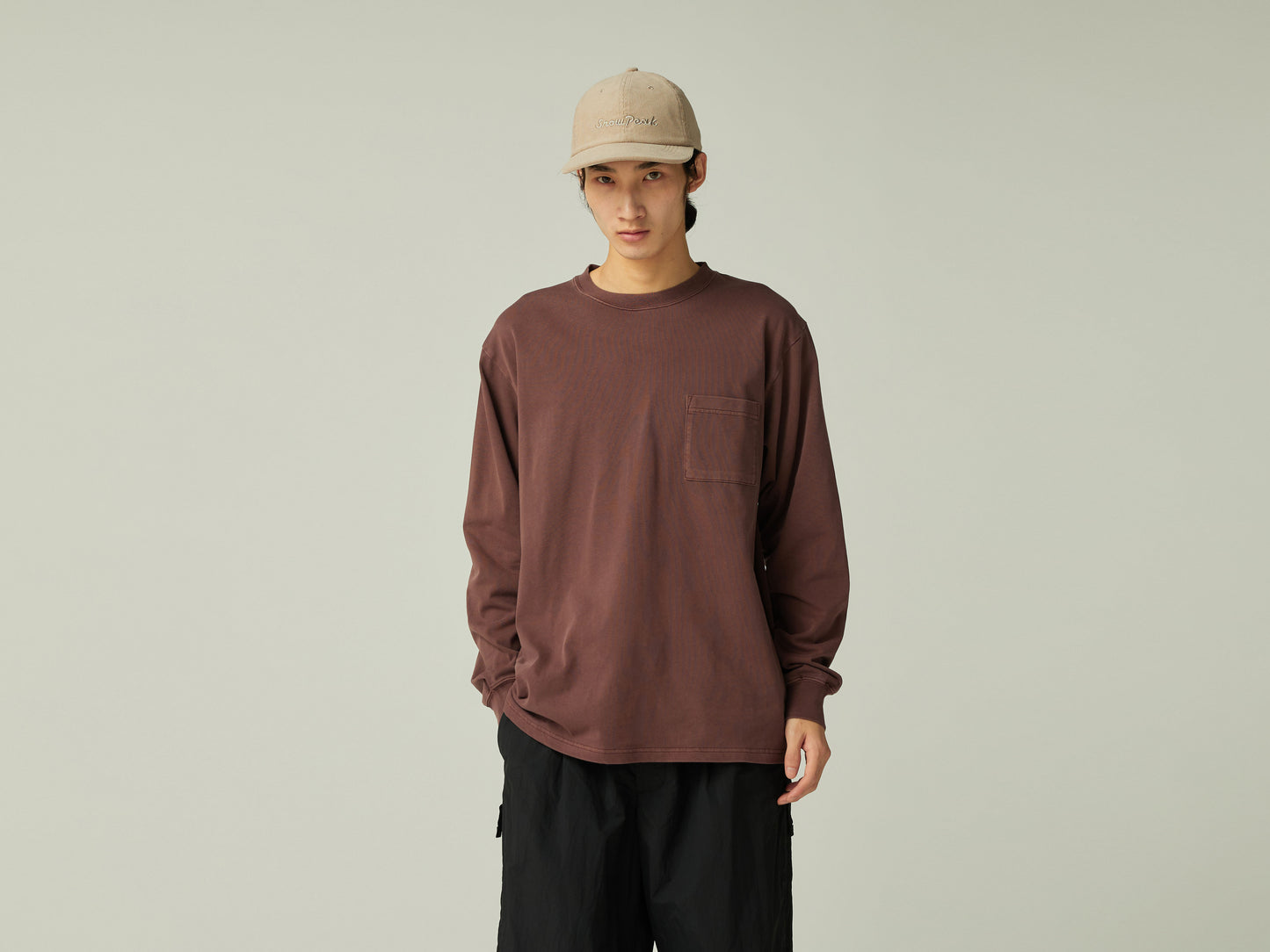 SNOW PEAK GARMENT DYED L/S T-SHIRT - BURGUNDY