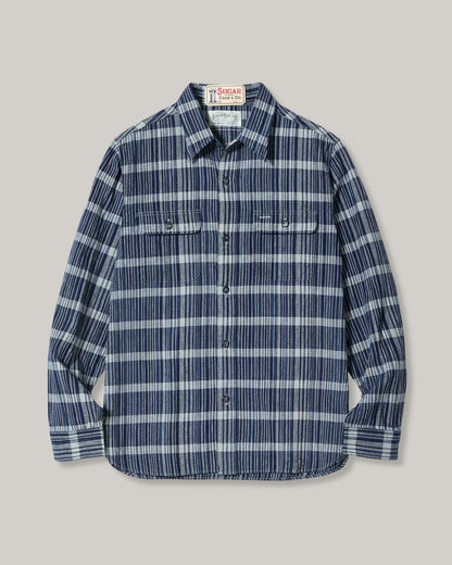 SUGAR CANE FICTION ROMANCE 5oz. INDIGO CHECK WORK SHIRT - NAVY