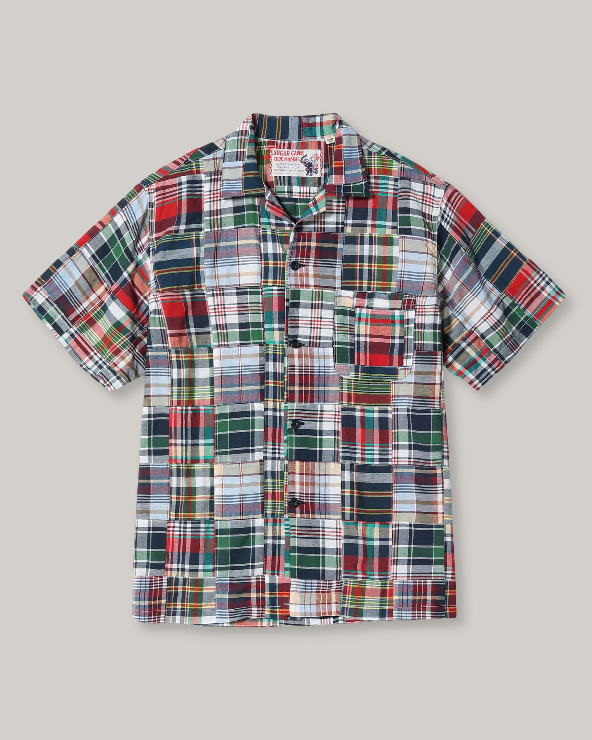 SUGAR CANE MADRAS CHECK PATCHWORK BUTTON DOWN SS SHIRT - RED