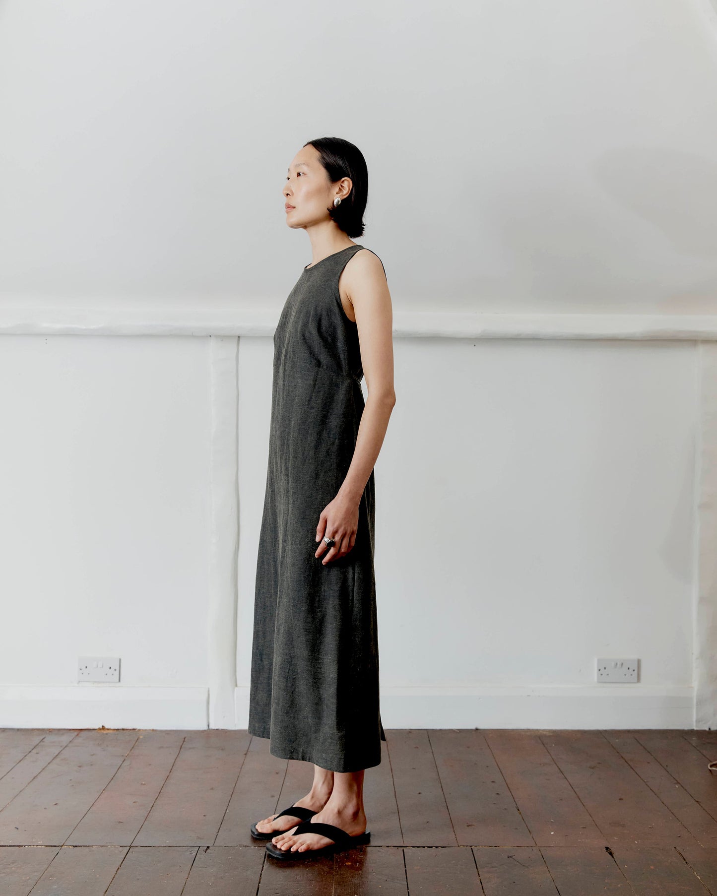 CAWLEY JAPANESE COTTON LINEN DYED BACK ERIKA DRESS - BLACK