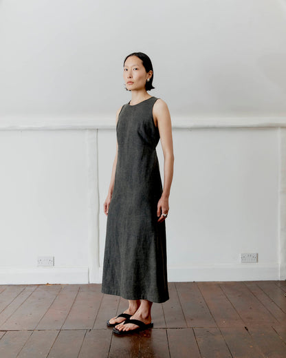 CAWLEY JAPANESE COTTON LINEN DYED BACK ERIKA DRESS - BLACK