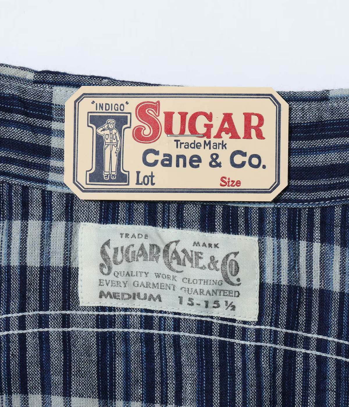 SUGAR CANE FICTION ROMANCE 5oz. INDIGO CHECK WORK SHIRT - NAVY