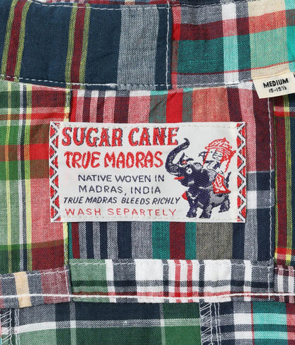 SUGAR CANE MADRAS CHECK PATCHWORK BUTTON DOWN SS SHIRT - RED