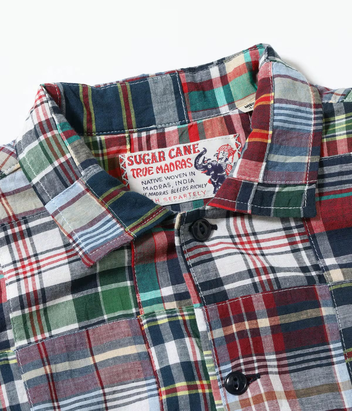 SUGAR CANE MADRAS CHECK PATCHWORK BUTTON DOWN SS SHIRT - RED