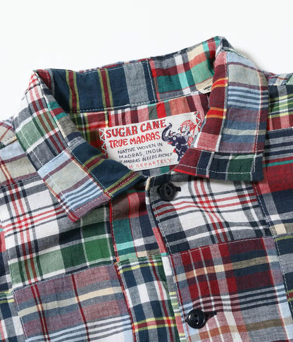 SUGAR CANE MADRAS CHECK PATCHWORK BUTTON DOWN SS SHIRT - RED