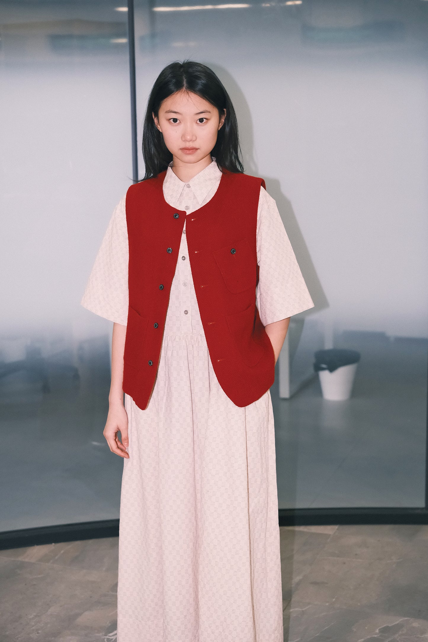WORK WORKS OVERSIZED GATHERED PULLOVER DRESS - RED TEXTURED