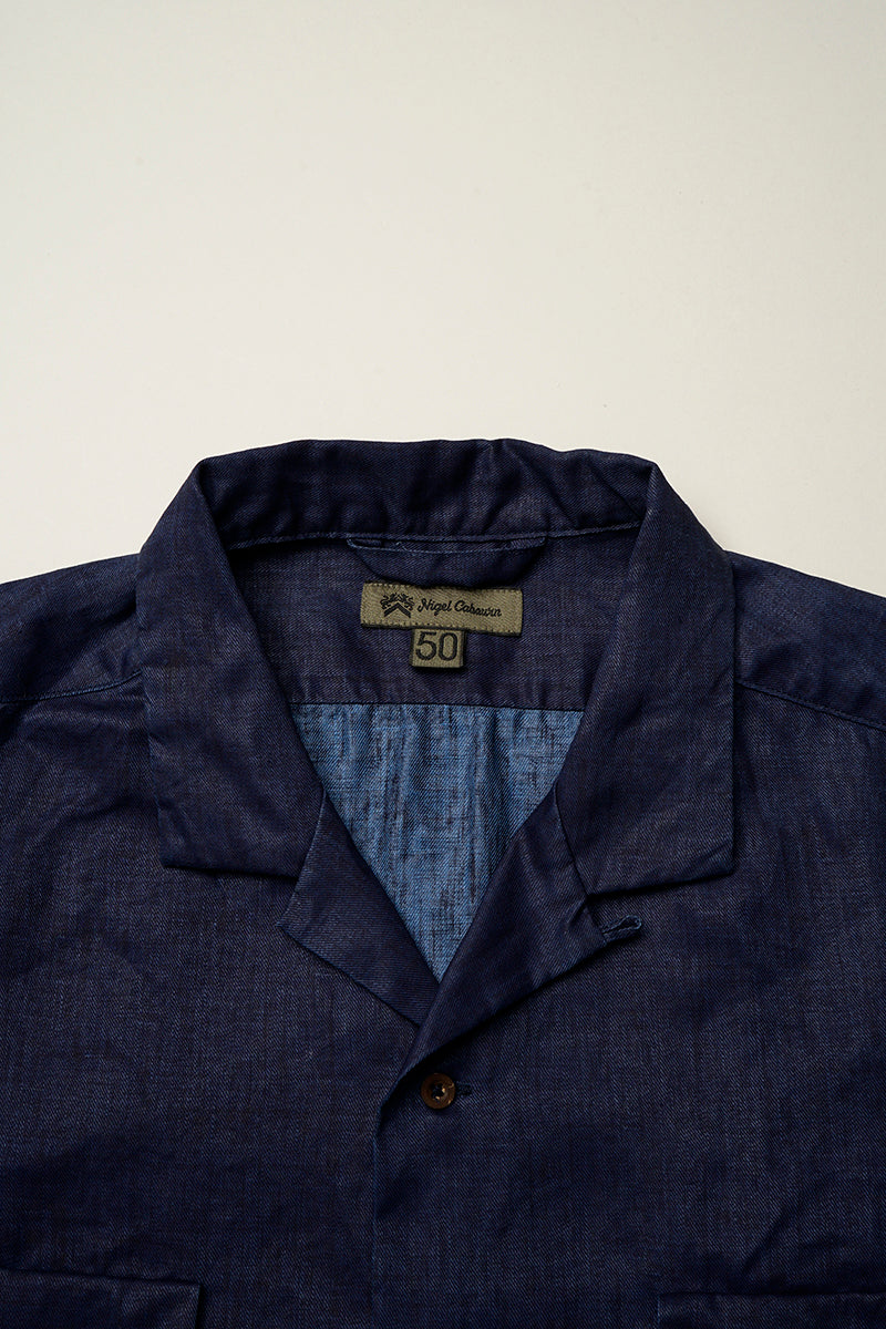 NIGEL CABOURN  MAINLINE OPEN COLLAR LINEN SHIRT - INDIGO