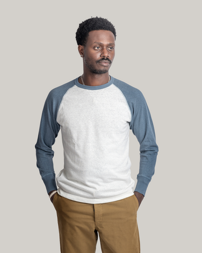 HEIMAT COTTON/ HEMP CONTRAST T-SHIRT - SEASHELL/ TRAIL BLUE
