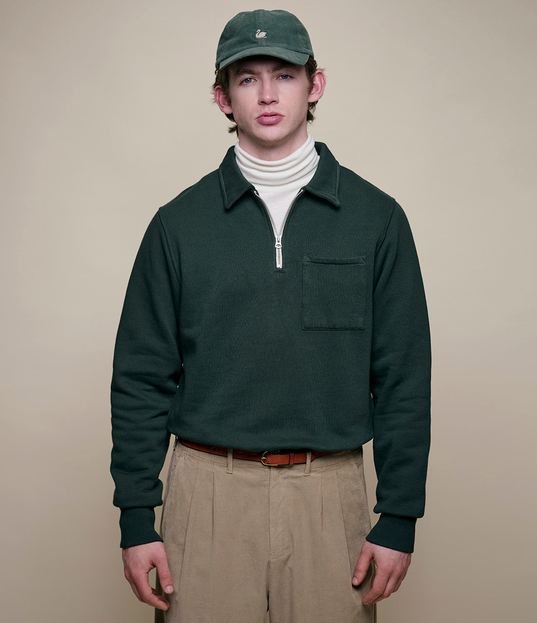 MERZ B SCHWANEN ZIP COLLAR SWEATSHIRT - FOREST