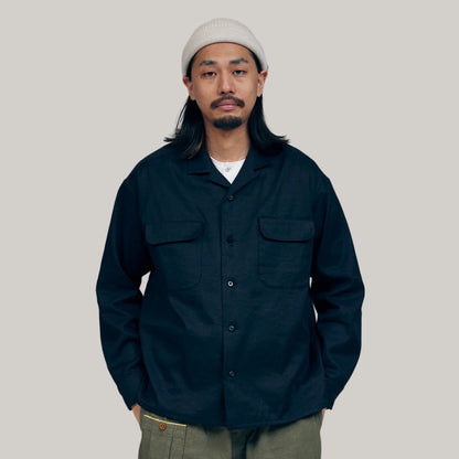 NIGEL CABOURN  MAINLINE OPEN COLLAR LINEN SHIRT - DARK NAVY