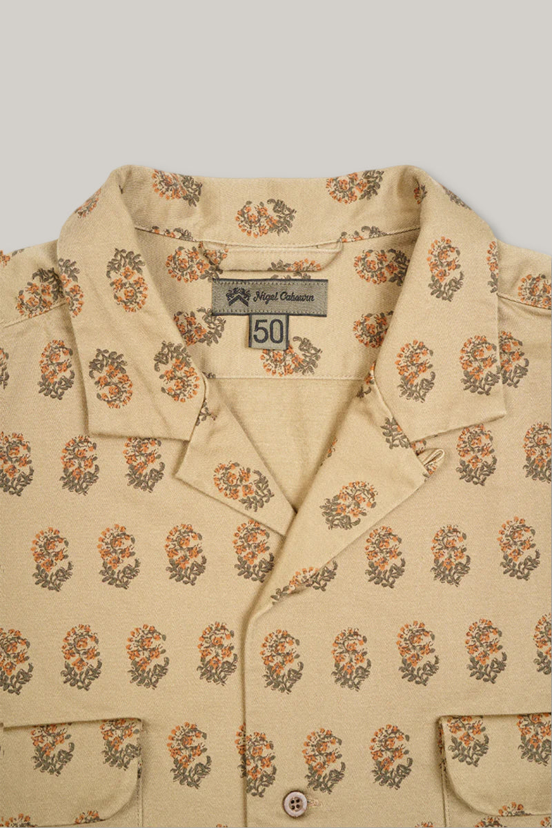 NIGEL CABOURN  MAINLINE OPEN COLLAR SHIRT - KHAKI ROKUTA PATTERN