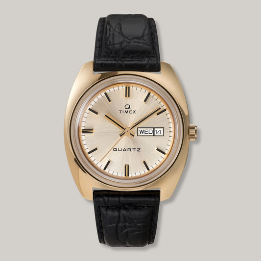TIMEX Q  'MARMONT' WATCH - GOLD/BLACK LEATHER