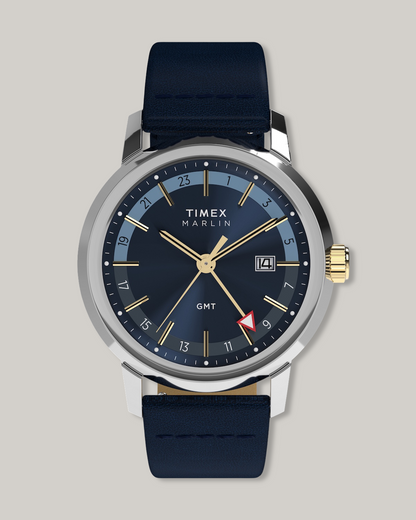 TIMEX MARLIN® QUARTZ GMT 40MM LEATHER STRAP WATCH - BLUE DIAL