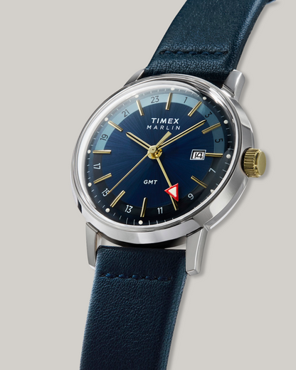 TIMEX MARLIN® QUARTZ GMT 40MM LEATHER STRAP WATCH - BLUE DIAL