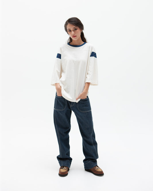 W'MENSWEAR FOOTBALL TEE -  OFF WHITE/ INDIGO