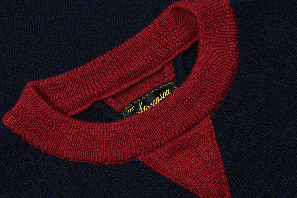 STEVENSON OVERALL CO.  DOUBLE V-GUSSET WOOL SWEATER - NAVY x RED